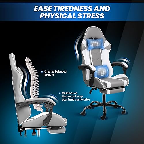 Miniatura 7 de YSSOA Silla para videojuegos, silla de computadora con reposapiés, altura ajustable y función de inclinación de 90 a 135, silla reclinable giratoria