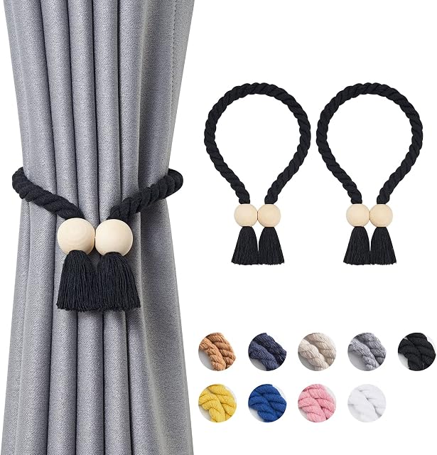 Pretty Jolly 2 Pack Wooden Ball Magnetic Curtain Tiebacks Boho Home Decor Drape Tie Backs Natural Cotton Hand Woven Rope Curtain Holdbacks for Thin & Thick Home & Office Window Draperies (Black)
