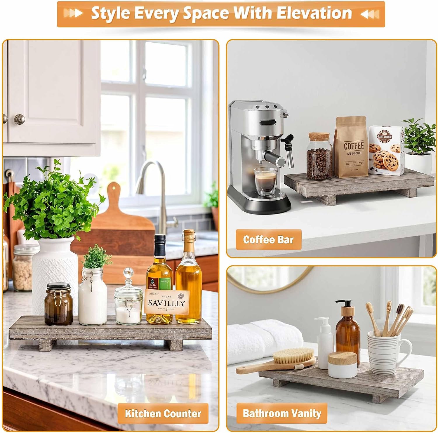 Small 12" Wood Tray Riser - Elevates Counter Essentials - Farmhouse Style