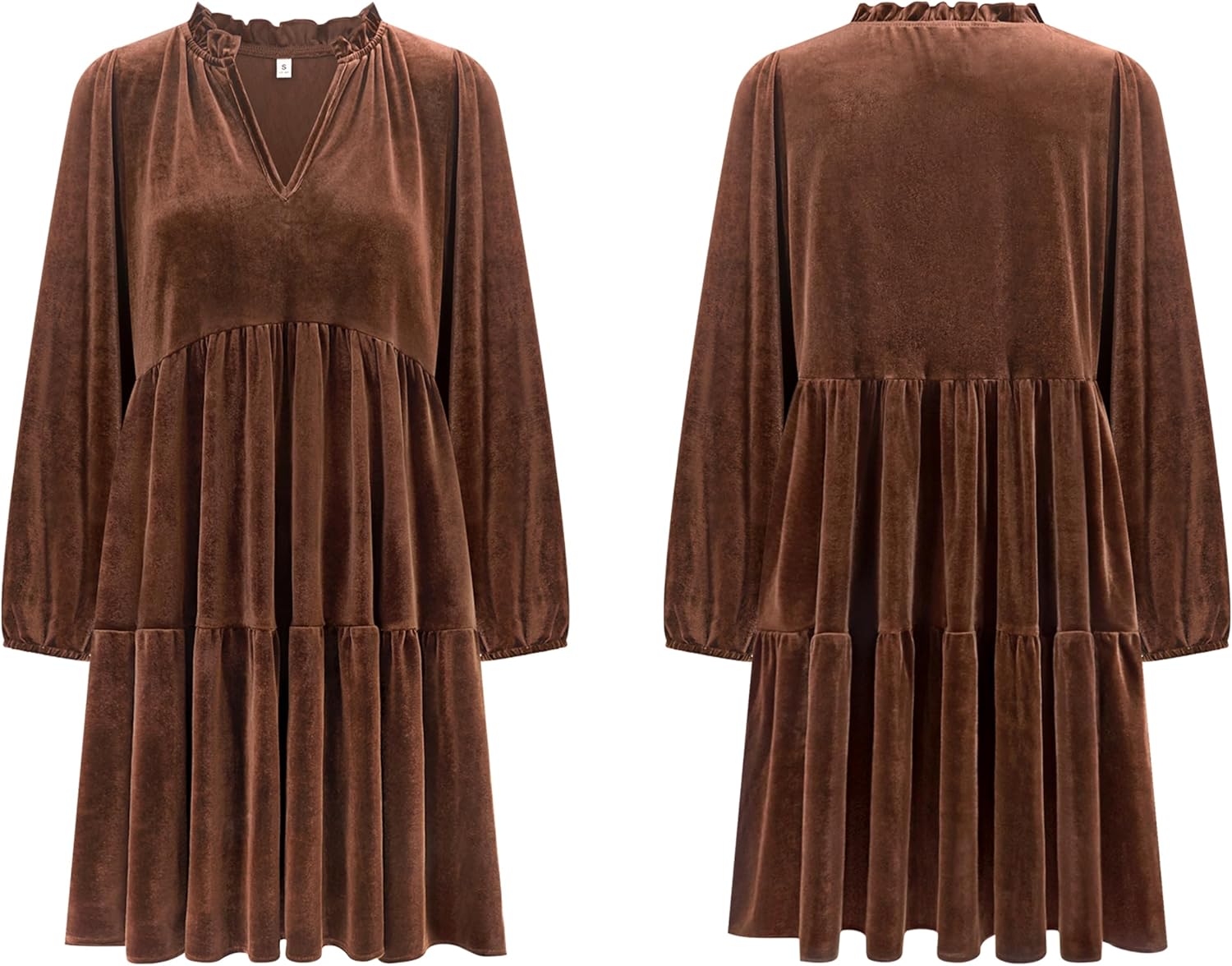 R.Vivimos Womens Fall Winter Velvet Tunic Dress 2026 Long Sleeve V Neck Casual Loose Tiered Ruffle Mini Dress - Image 7