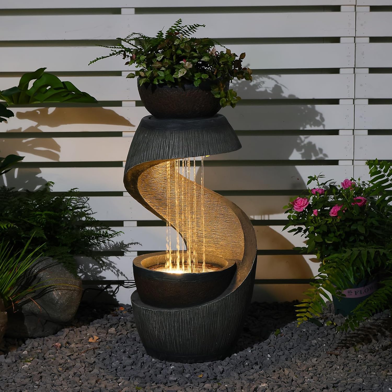Outdoor Water Fountain with LED Lights, 31.9" Modern Resin Waterfall Fountain Outdoor, S-Shaped Garden Water Feature for Yard, Balcony, Home Decor, Patio Fountian and Waterfalls, Grey