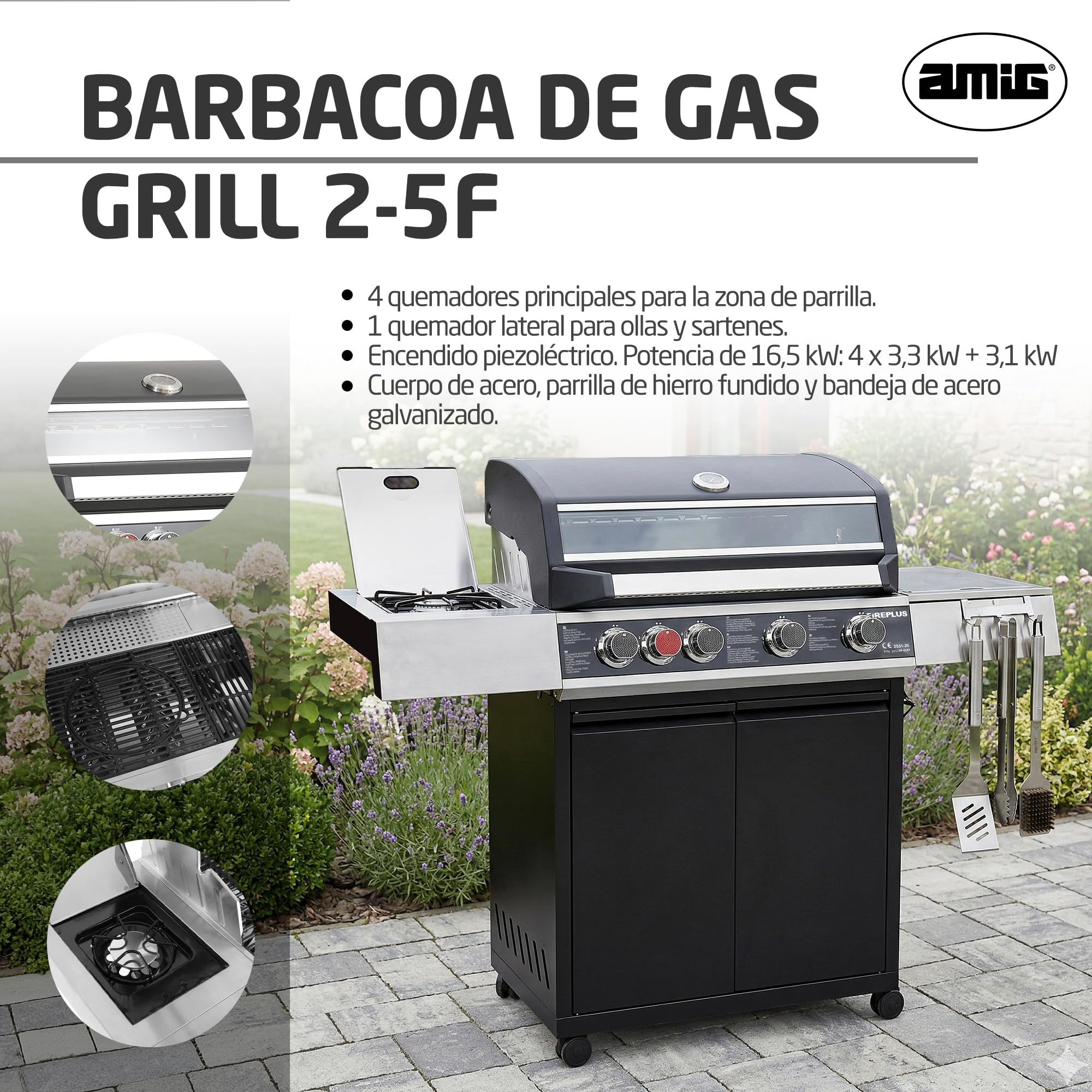 Amig - Barbacoa de Gas XXL Fireplus GRILL-2 5F - 139 x 55 x 115 cm - Superficie de Cocción 70x41,5 cm - Con Termómetro, Estante Lateral, Armario y Ruedas con Freno - Parrilla de Hierro Fundido - Negro