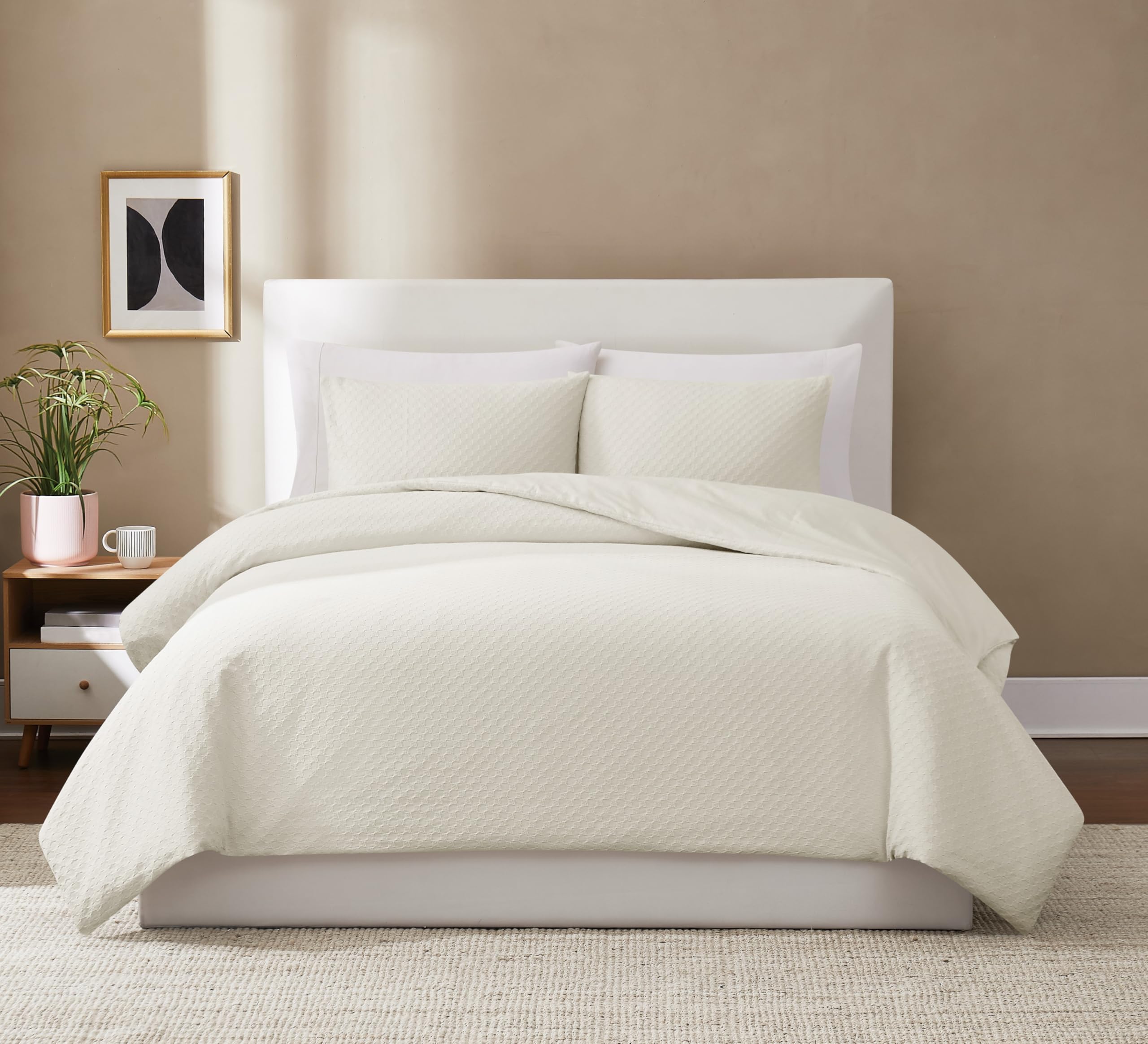 Woven Texture Cream Full/Queen 3 Piece Comforter Set, Solid Color Themed, Oeko-TEX Certified Confidence