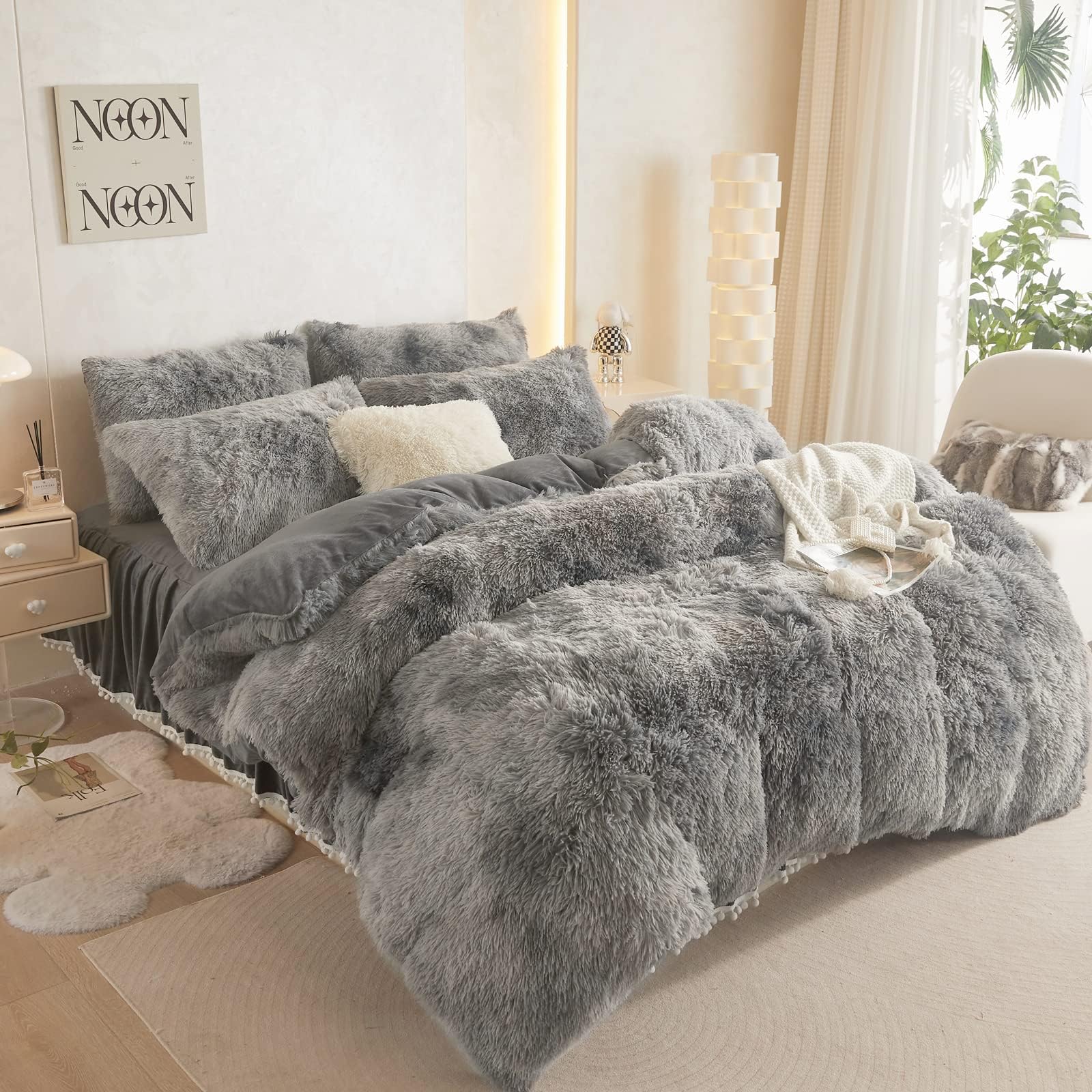 HAIHUA Fluffy Comforter Cover Set, Fluffy Plush Shaggy Duvet Cover 1 Pieces Set (1 Faux Fur Duvet Cover) Velvet Bedding Twin Bed Set,Zipper Closure (Tie Dye Dark Gray, Twin)