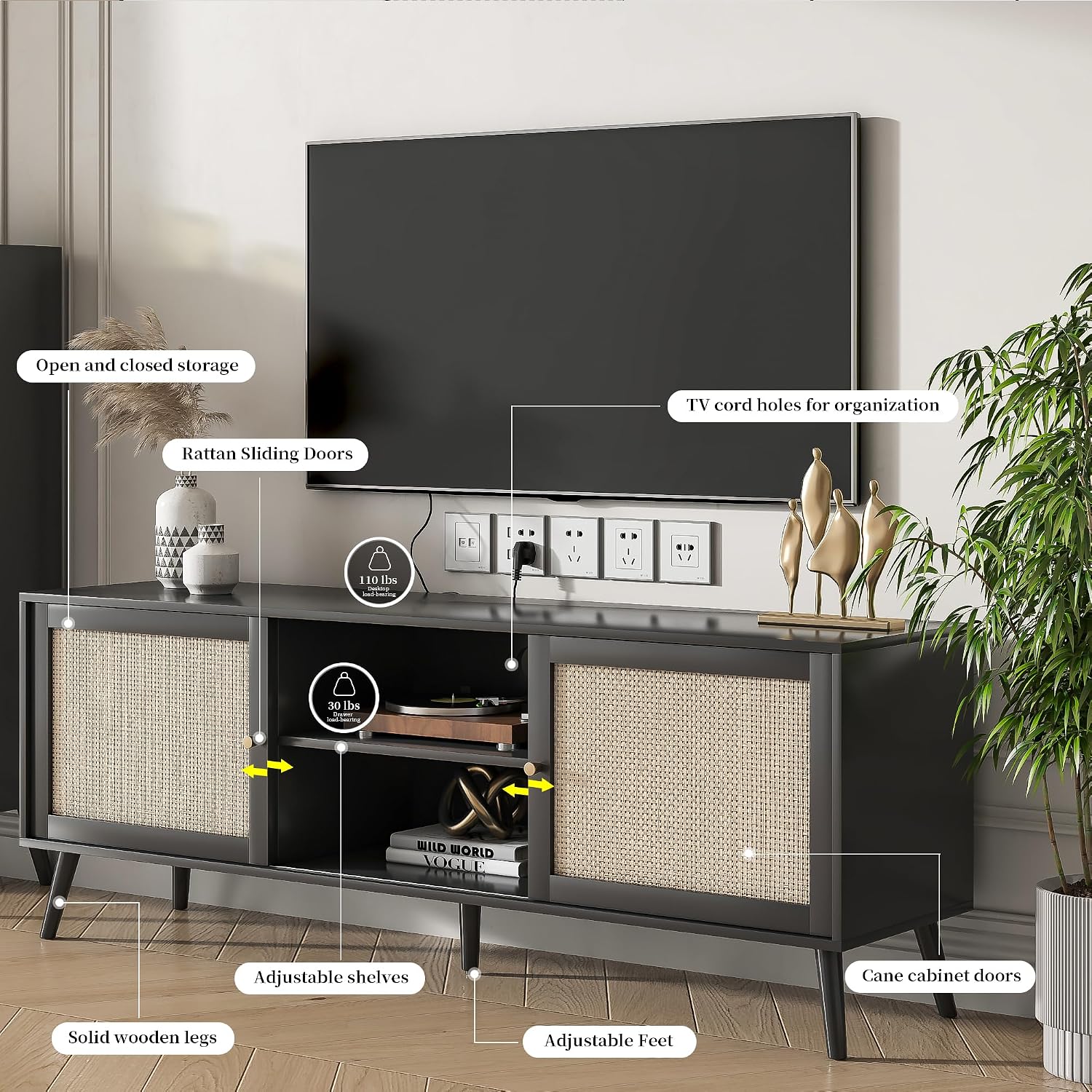 Rattan Modern TV Stand for Televisions up to 75 Inches, Mid Century Entertainment Center with Sliding Doors and Storage, Television Stands, TV Consoles, Media Consoles for Living Room