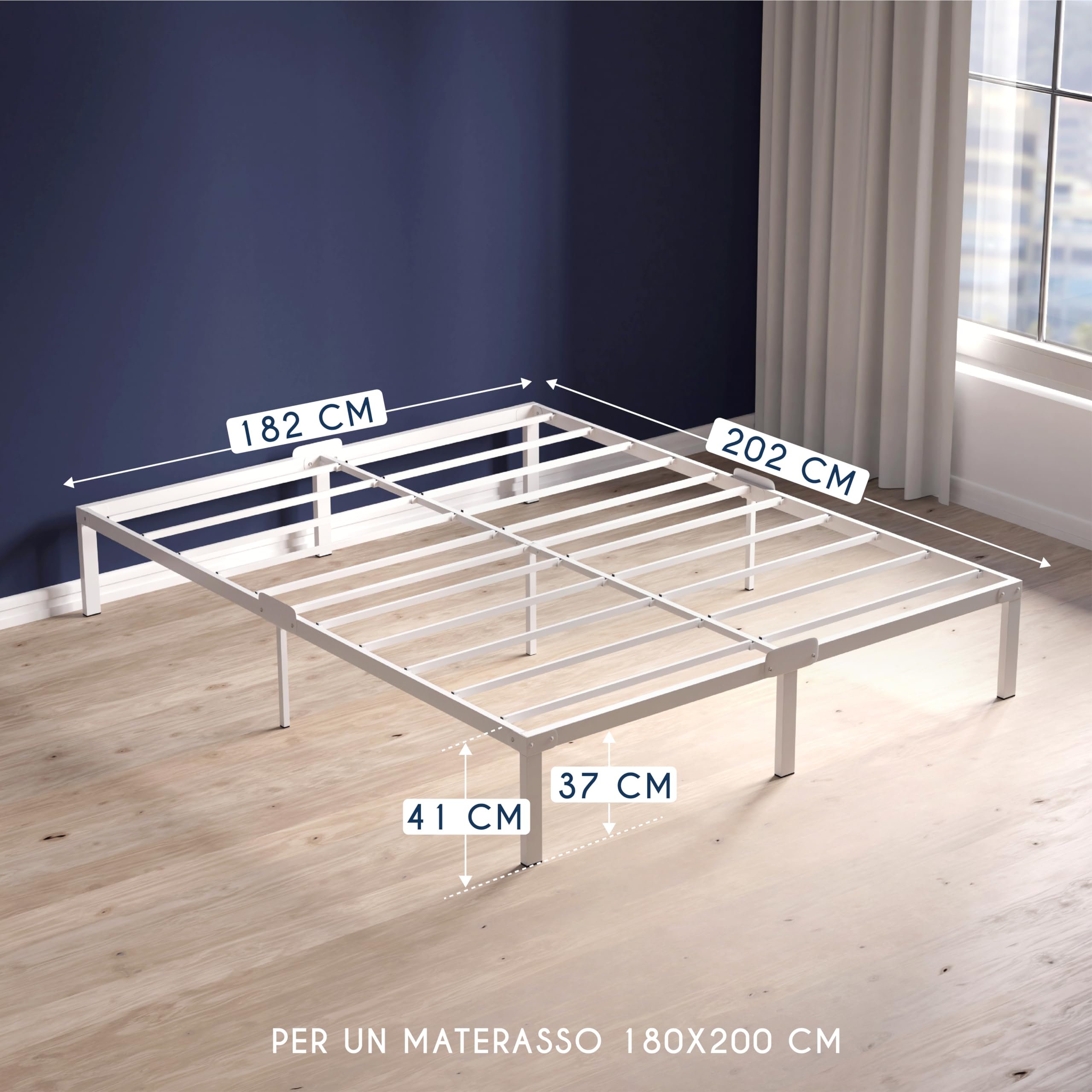 Dreamzie Struttura Letto Matrimoniale 180x200 con Rete in Metallo Bianco - Rete 180x200 con Gambe - Altezza 41 cm - Resistente, Montaggio Facile, Ampia Capacità di Stoccaggio