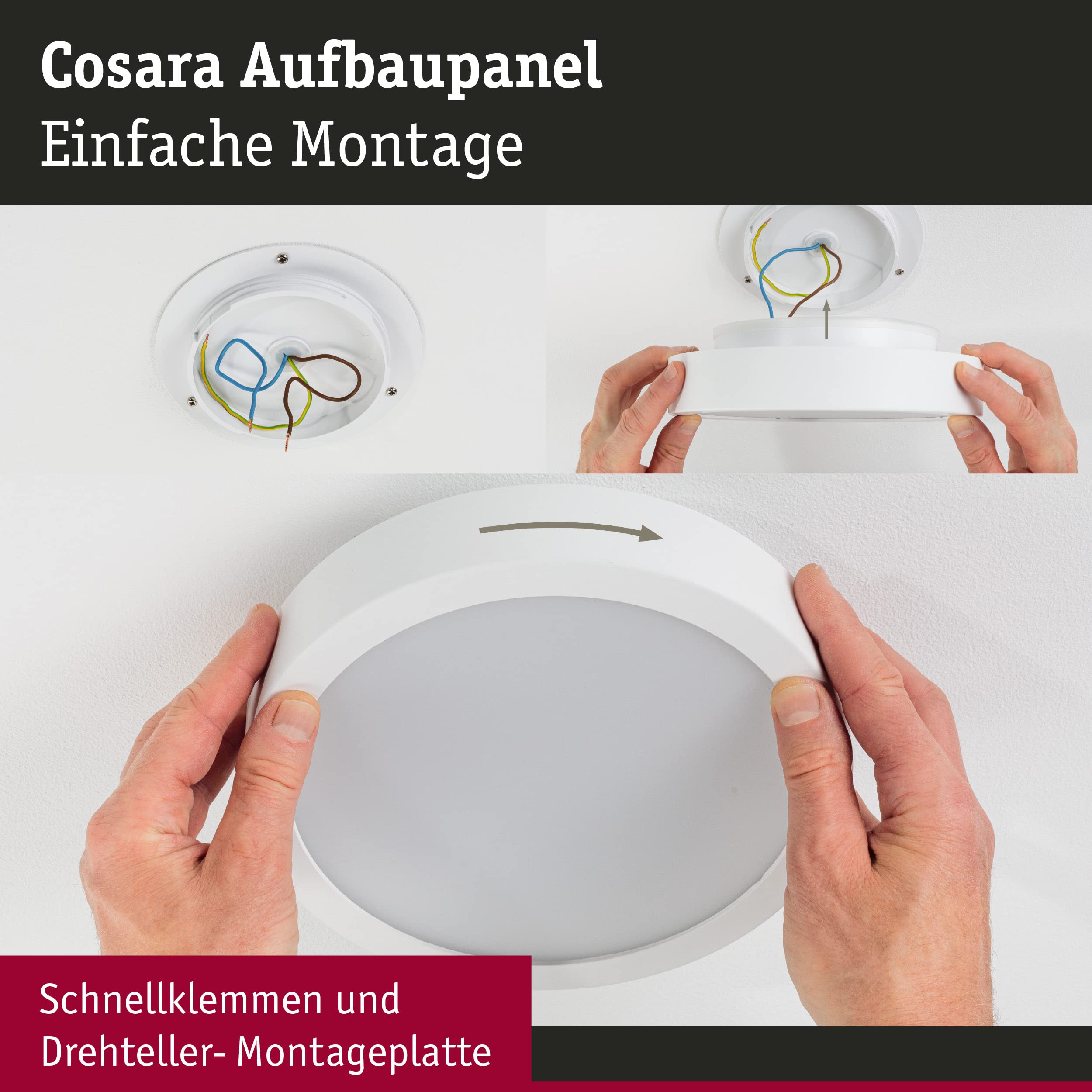 Paulmann 71055 LED Panel Cosara rund 15W IP44 1300lm 300mm Deckenleuchte in Dunkelgrau Kunststoff/Stoff 4000K Badleuchte