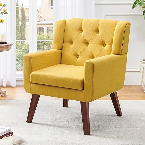 Silla decorativa tapizada con botones, cómoda silla de lectura, silla moderna de mediados de siglo con tela de lino, sillones para sala de estar y