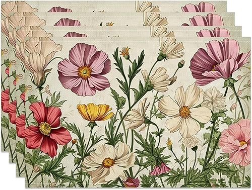 CSFOTO Juego de 4 manteles individuales vintage con diseño floral de naturaleza campestre para cocina, restaurante, decoración de primavera, al aire