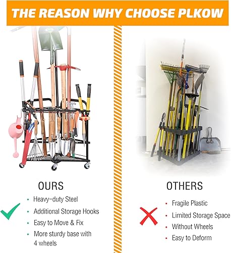 Vista 2 de PLKOW Organizador de herramientas de jardín con ruedas y ganchos de almacenamiento, estante de almacenamiento de herramientas de esquina enrollable