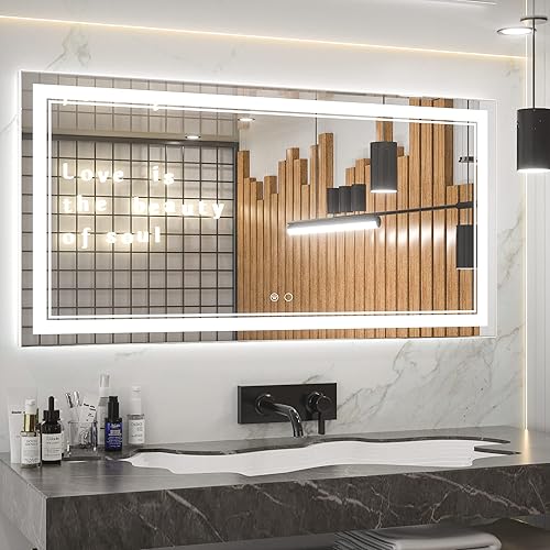 Keonjinn 48 x 24 Inch LED Mirror Bathroom Mirror with Lights, Adjustable 3000K/4500K/6000K Light, Wall Mounted Anti-Fog Dimmable LED Vanity Mirror with Touch Switch(Horizontal/Vertical)