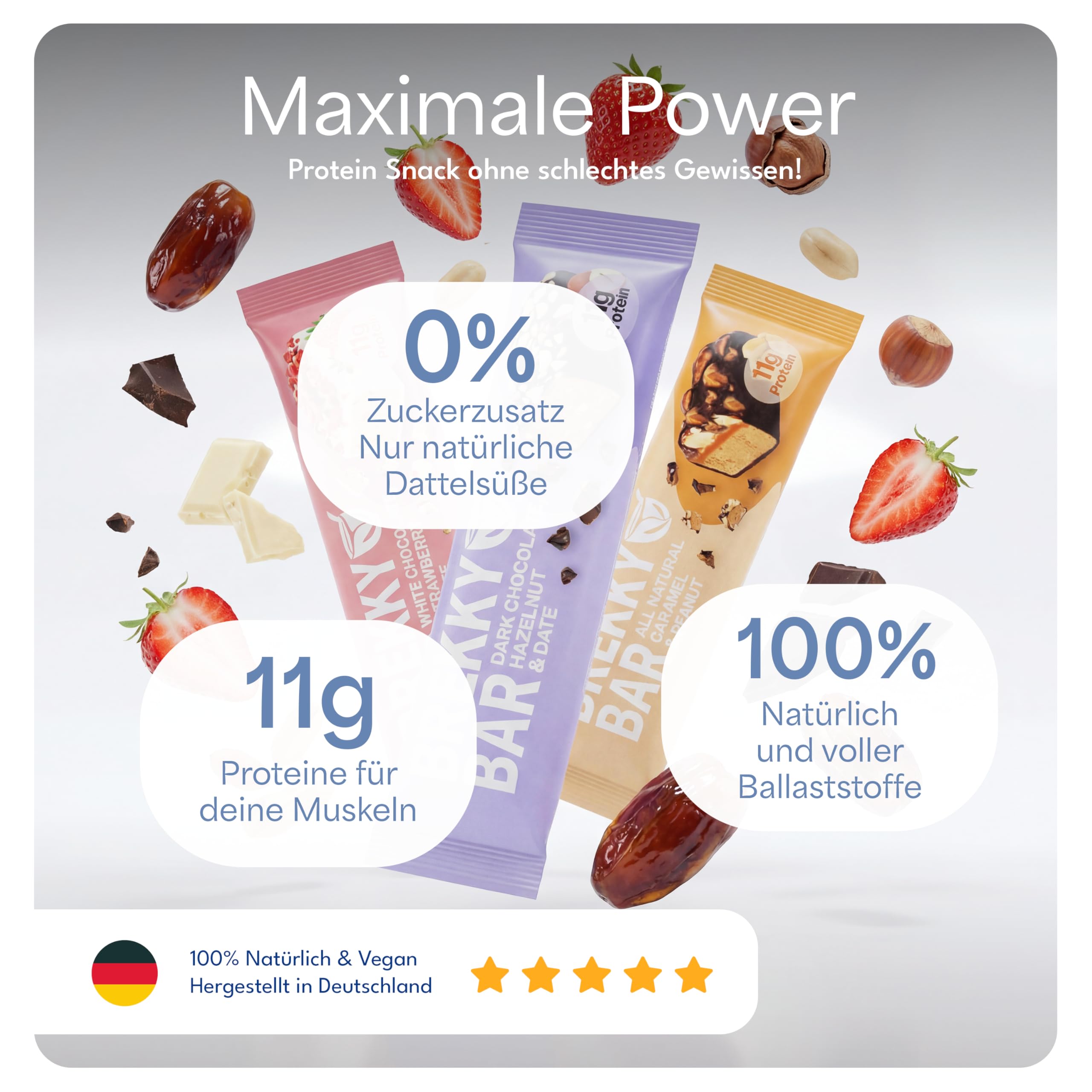 Brekky Bar Erdbeer Proteinriegel Vegan – 11g pflanzliches Protein pro Riegel – ohne Zuckerzusatz, 100% vegan & natürlich – High Protein Riegel mit Datteln, Mandeln & Erdbeeren