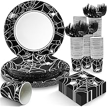 Halloween Spider Web Plates and Napkins Party Supplies, Spider Disposable Tableware Set, Paper Plates for Birthday Family Dinner Picnic Barbecue Baby Shower Decor Serves 25
