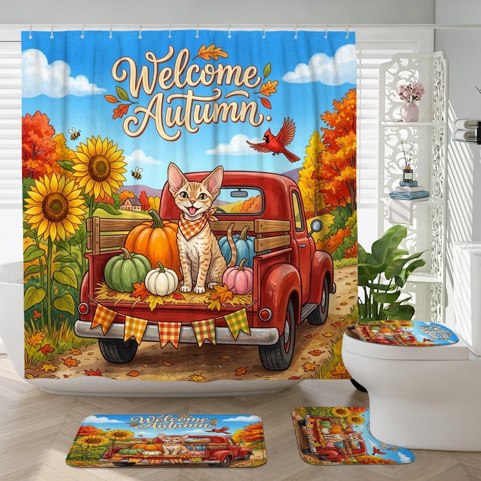 Tapis de couvercle de toilette en forme de U et rideau chat d'automne