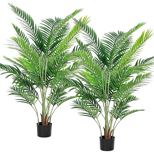 JUSTOYOU 2 Pack Artificial Palm Tree Plant, 5FT Large Fake Silk Tree with Pot for Indoor and Outdoor Home Office Garden Modern Decoration Gift (2 Pack)