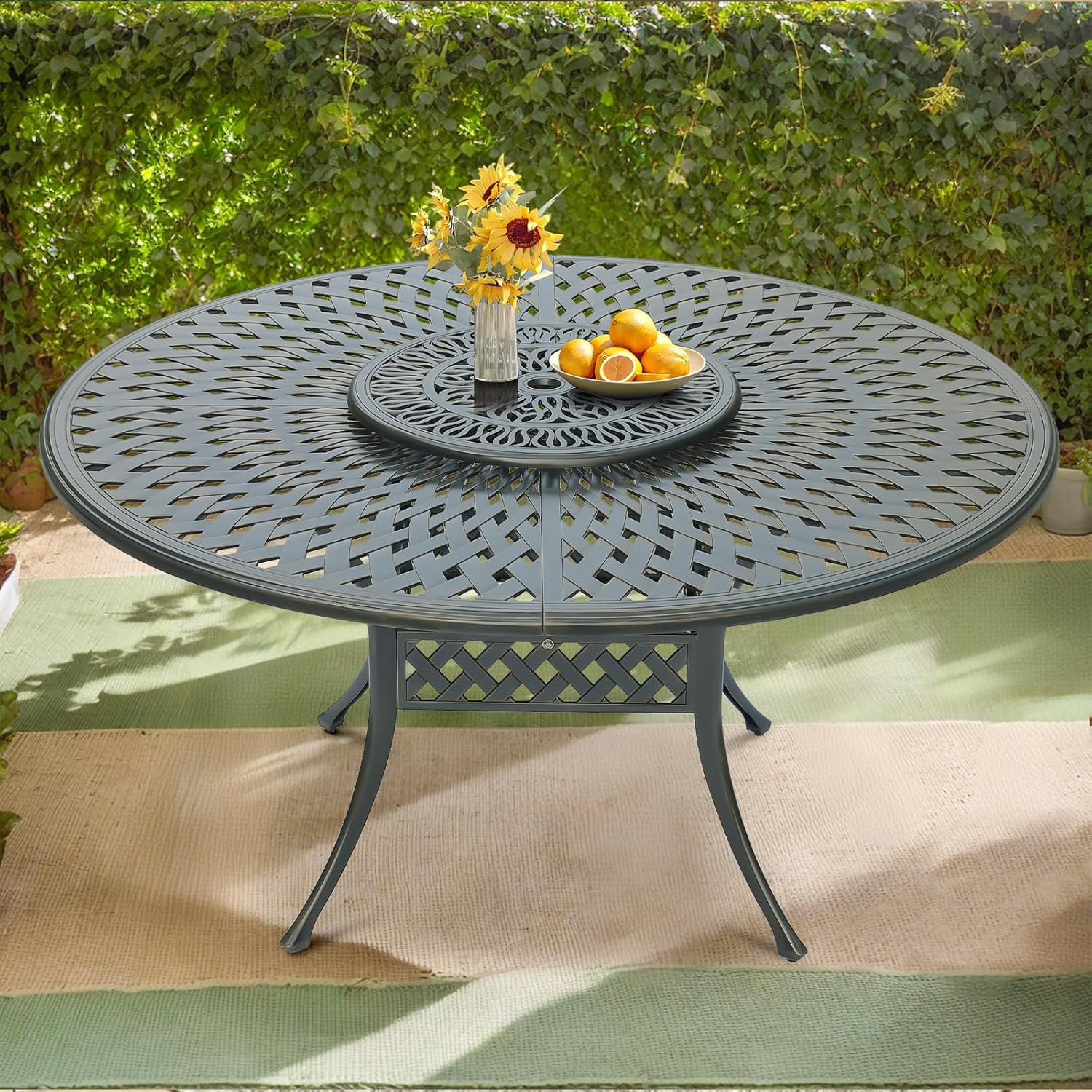 VIVIJASON Outdoor 61" Patio Dining Table for 6-8 Person, Large Patio Round Dining Table with 24" Lazy Susan, Dark Bronze Cast Aluminum Rustic Patio Table W/Umbrella Hole for Balcony, Porch and Deck