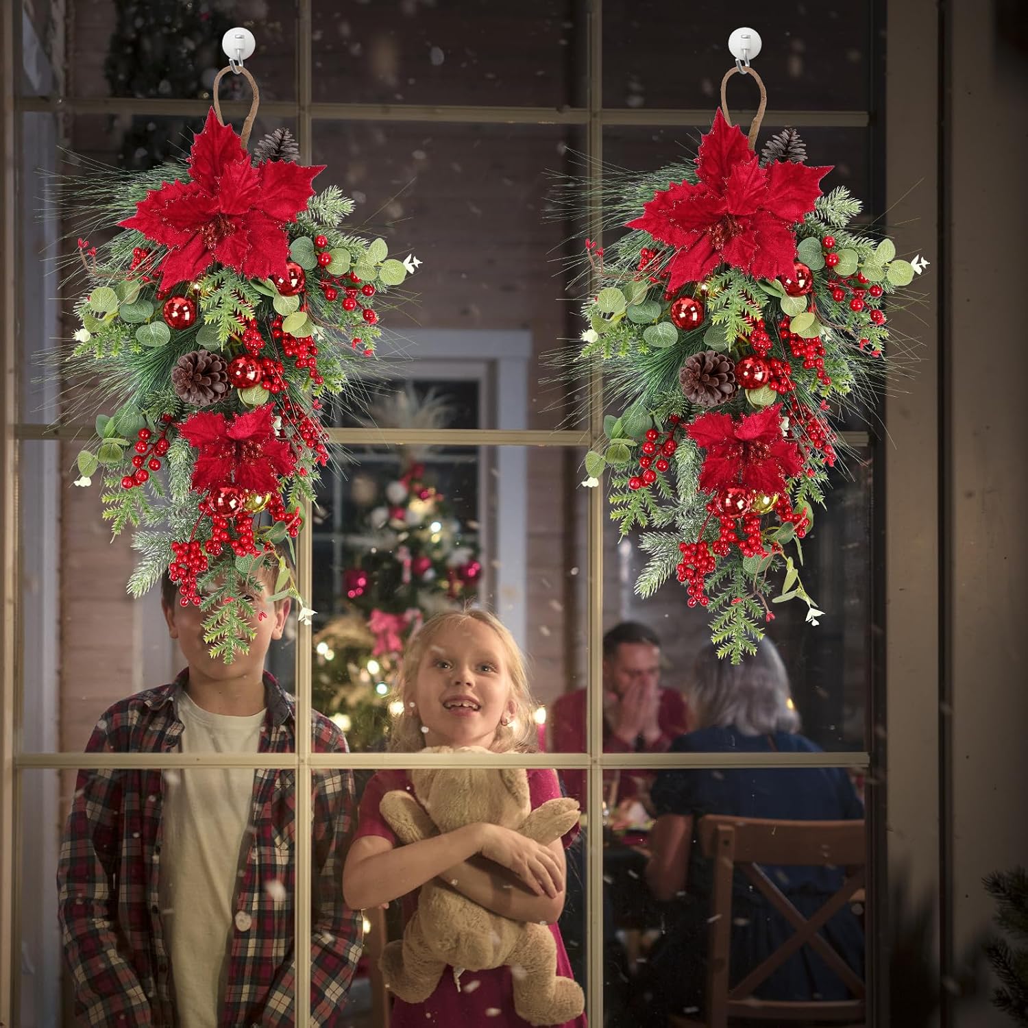 U'Artlines 2 Pcs Christmas Teardrop Swag for Front Door, 26 Inch Artificial Greenery Swag Winter Teardrop Xmas Swags with Red Berries Poinsettia Pine Cones Xmas Balls for Holiday Window Wall Decor