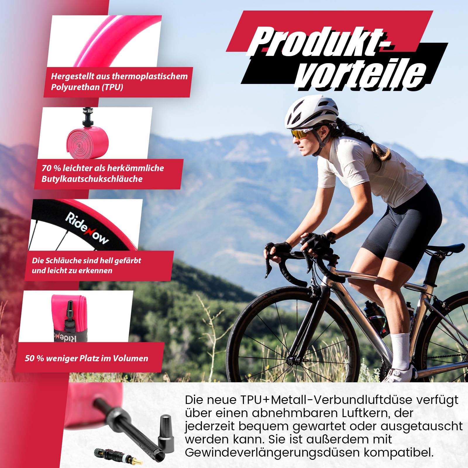 RideNow Camera d'aria interna in TPU 700x18-28C 700x18-32C 700x28-38C Ultraleggera | 2 camere d'aria per bicicletta, a prova di perdite, 700C, con valvola Presta in metallo da 45/65/85 mm, 24 g/36 g/39 g