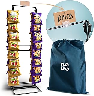 Potato Chip Rack Display Stand with 32 Clips, 2-Row Chip Stand Display for Party Candy Cart, Countertop Chip Bag Holder, Black Snack Display for Counter, Snack Retail Display Rack