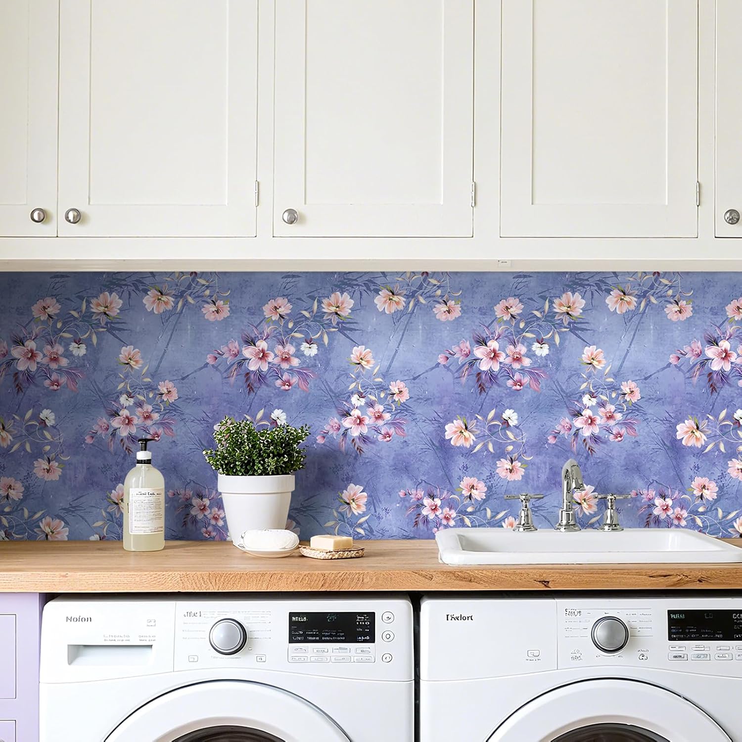 Livelynine Purple Wallpaper Stick and Peel Vintage Pink and Purple Floral Wallpaper Removable Easy Floral Contact Paper for Cabinets Drawer Liner 17.5x78.8 Small Lilac Flower Concrete Cement Backdrop