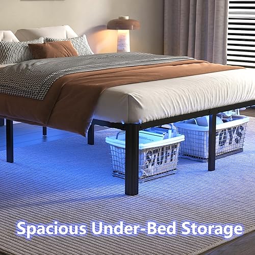 Miniatura 5 de Base de cama Queen con luces LED, plataforma de metal resistente de 14 pulgadas, marco de cama tamaño Queen con estación de carga, no necesita