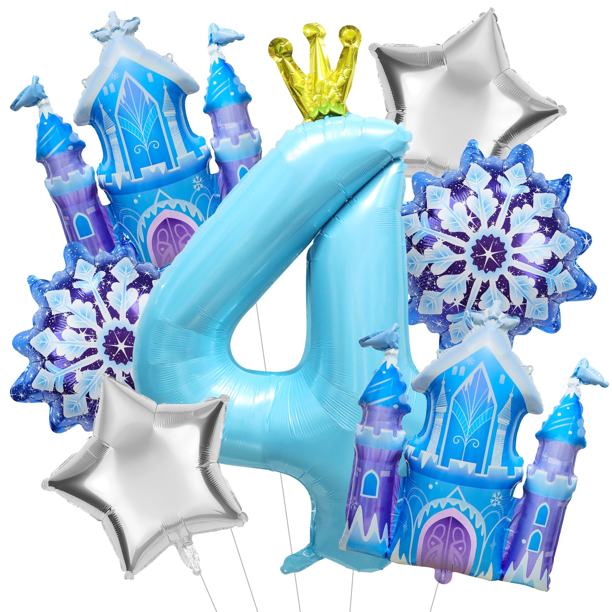 7Pcs 4th Birthday Party Decorations Balloons,Winter Snowflake Balloons Large Blue 40 Inch Number 4 Balloon Foil Star Castle Ballon for Birthday Party