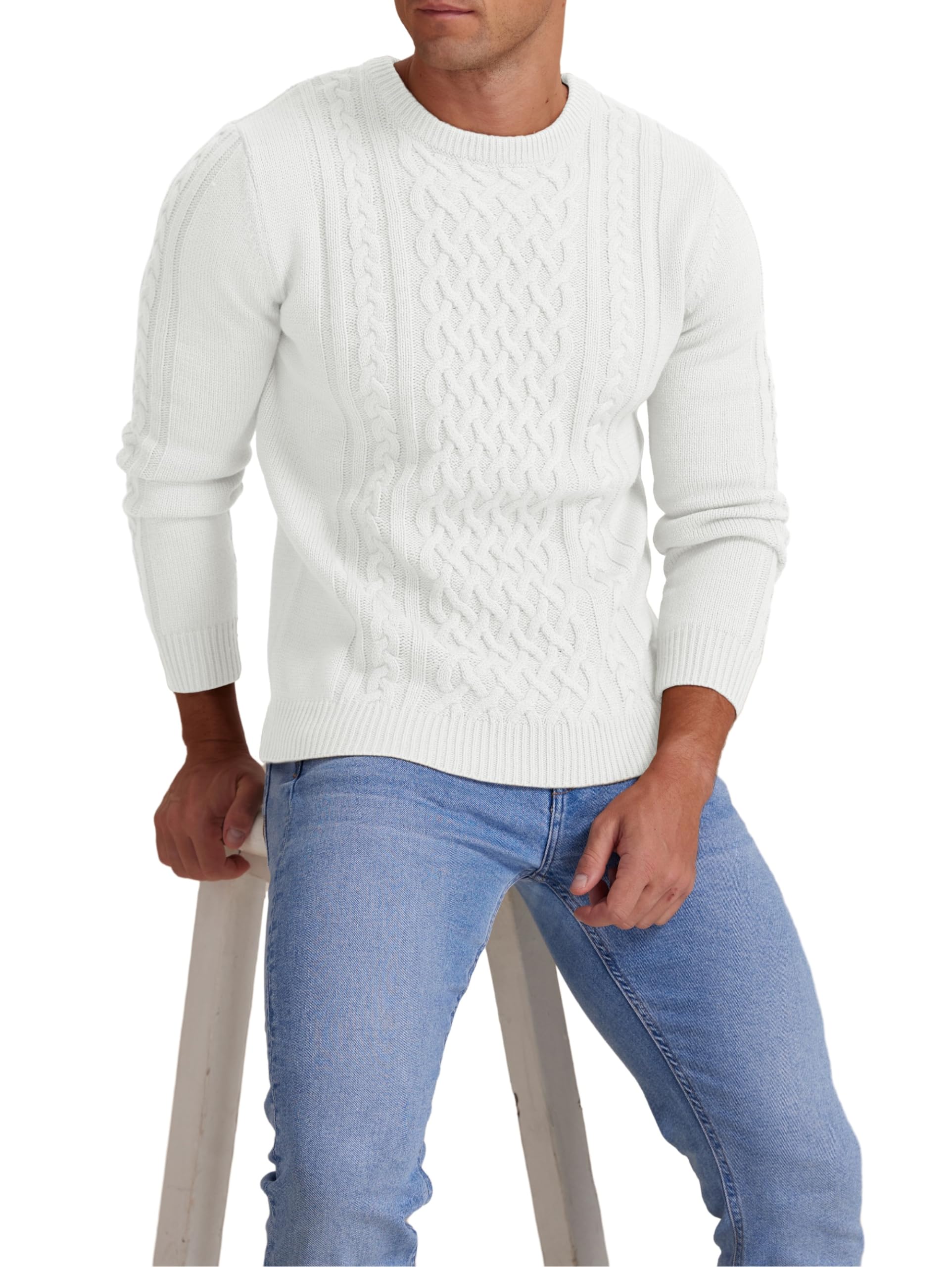 Hisir Pull Homme Hiver Cablé épais Col Rond Chaud Manches Longues Pullover Tricoté Col Rond Pulls Hommes