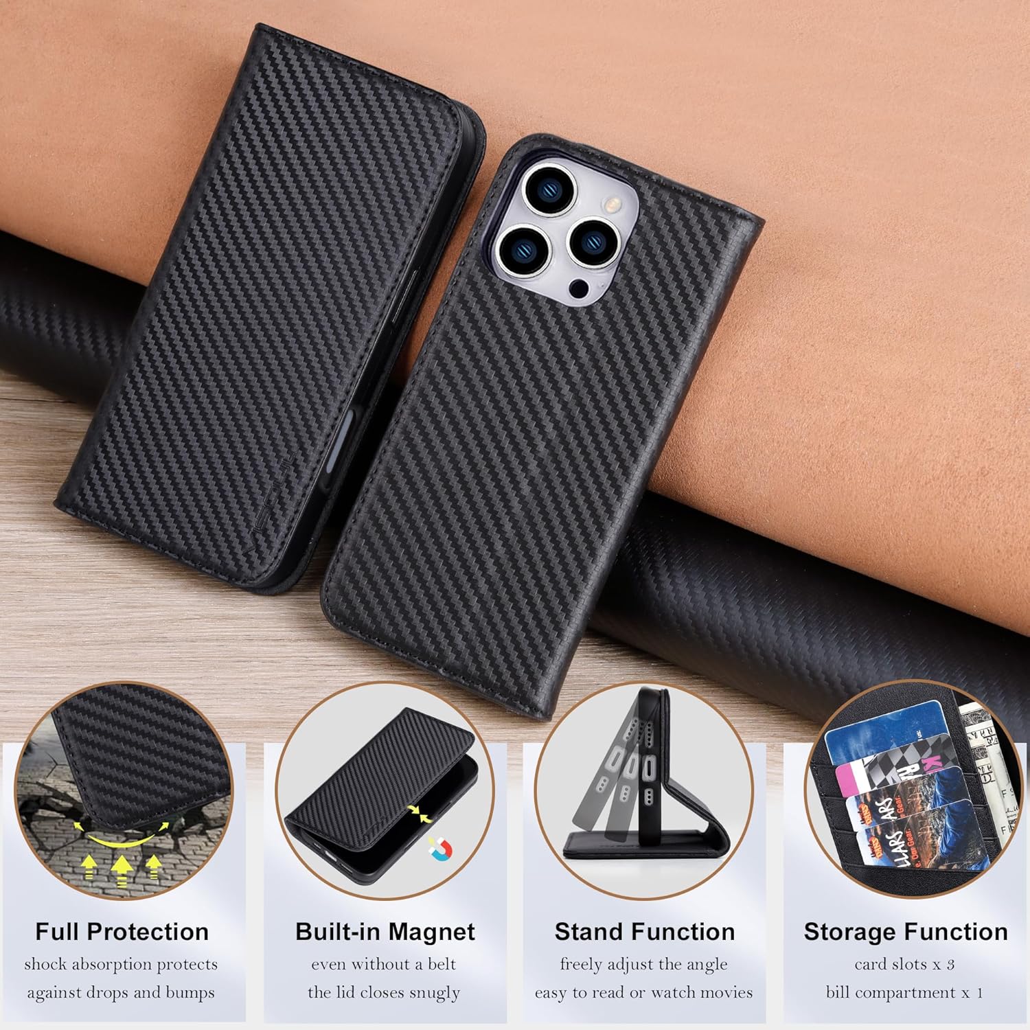 VISOUL Case for iPhone 16 Pro Max Wallet Case, Carbon Fiber Leather Wallet Phone Case with Card Holder Kickstand Flip Folio Cover Compatible with iPhone 16 Pro Max 6.9" (Black+Black)