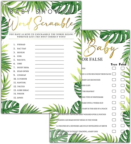 30 juegos de baby shower del bosque con 1 tarjeta de respuesta (5 x 7 pulgadas) - 2 juegos de doble cara - Oh Baby True o False & Word Scramble Game