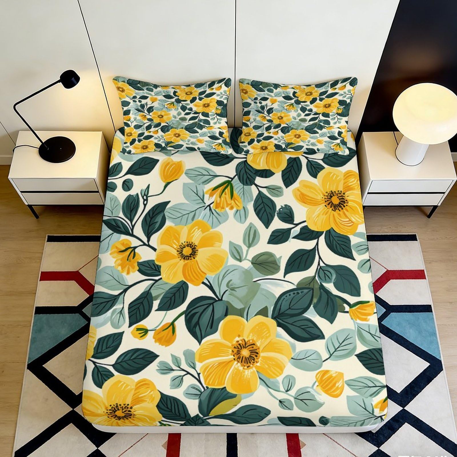 3D Printed Yellow Floral Fitted Sheet Microfiber Soft Breathable Botanical Mattress Cover for Bedroom Dorm Decor 120x200x25cm