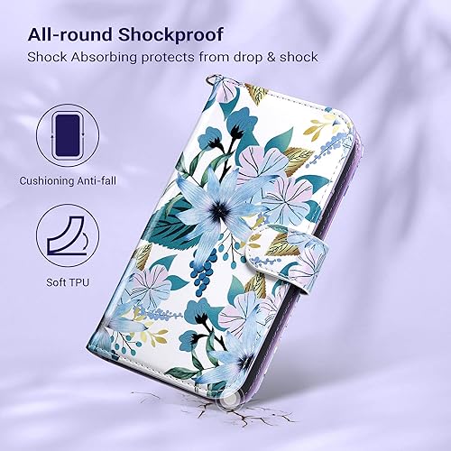 Miniatura 6 de ULAK Funda compatible con iPhone 15 Plus con tarjetero y diseño de flores, para mujeres y niñas, de piel sintética, con función atril y correa de