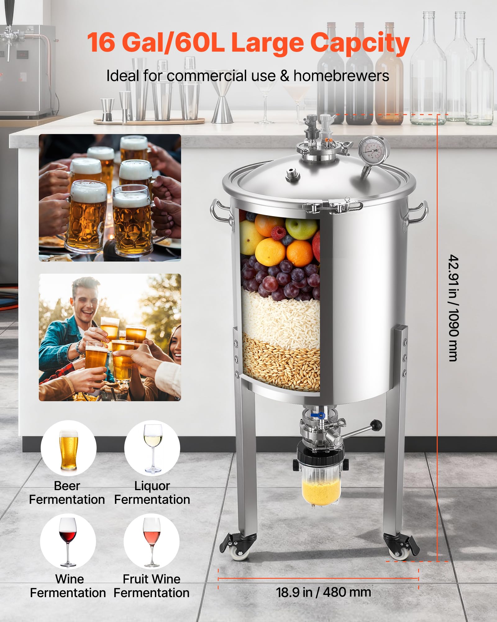 VEVOR Serbatoio di Fermentazione Conico per Produzione di Birra in Acciaio Inox da 60 Litri, Bollitore con Fondo Conico 3 Ruote, Botte di Fermentazione per Vino e Birra