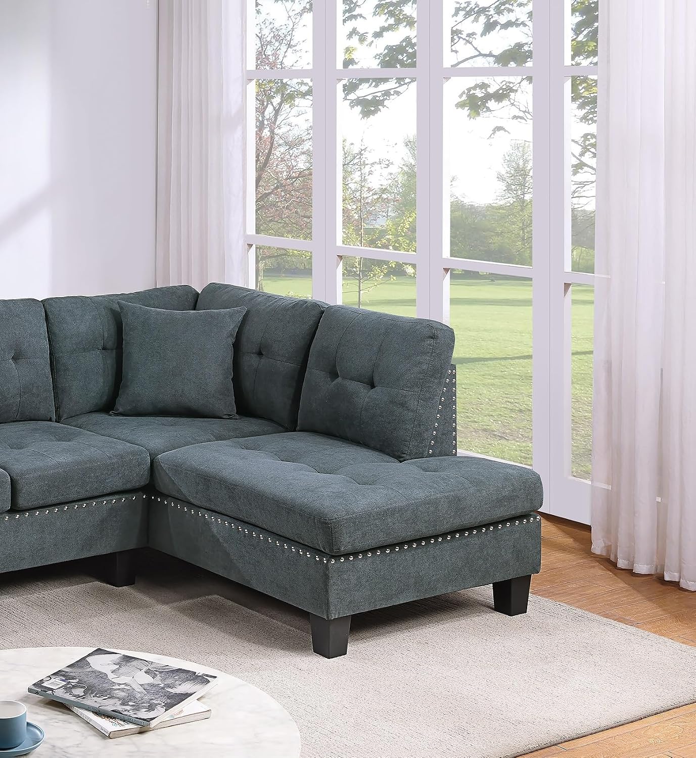 Living Room Furniture 2-PCS Sectional Sofa Set LAF Sofa and RAF Chaise Ash Black Color Tweeted-Like Velvet Tufted Couch Nailheads