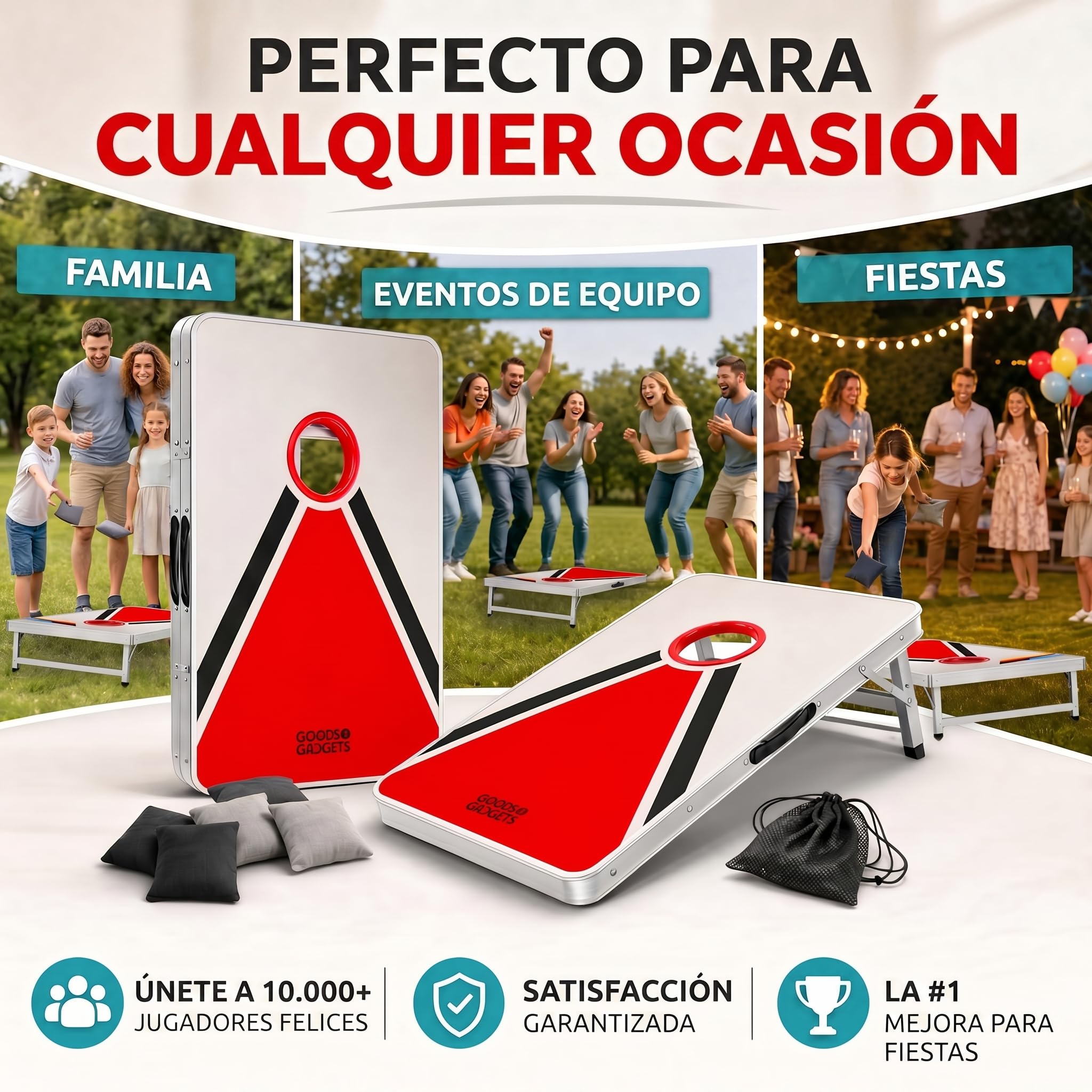 GOODS+GADGETS® Cornhole XXL Set - Juego de Sacos Jardín | 8 sacos de arena extragrandes - plegable y listo para jugar - interior y exterior para toda la familia