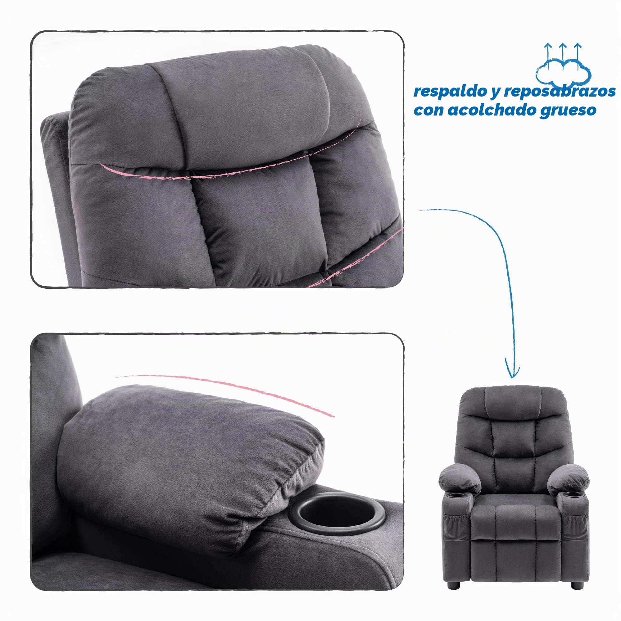 MCombo Kids Sillón juvenil y infantil con función reclinable 7355 (gris oscuro)