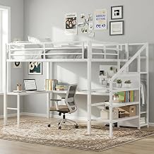 Twin XL Loft Bed with L-Shaped Desk and Storage Stairs, Metal Loft Bed with Wardrobe and USB Charging Station, High Loft Bed with LED Lights for Kids Teens Adults White, Twin XL
