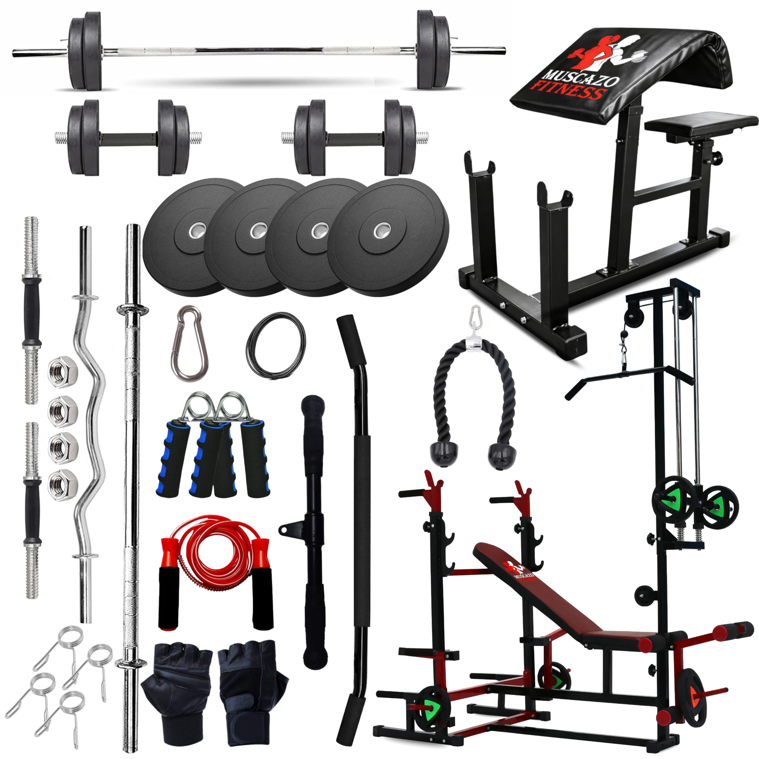 70KG Rubber Weight Plates Home Gym Combo with 20-in-1 Multi-Function Bench with Lat Pulldown & Rack, Preacher Curl Bench, Cable Attachments, Barbell, Gloves, Skipping Rope & Hand Gripper (70KG COMBO)-image-28