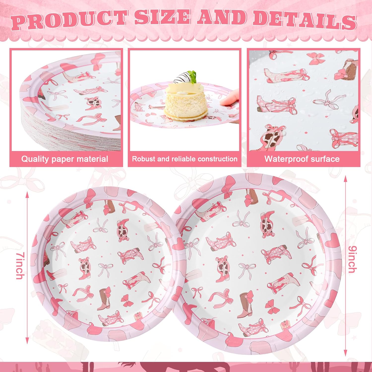 Suclain 100 Pcs Western Cowgirl Party Plates Decorations Coquette Bow Birthday Paper Plates Disposable Bachelorette Dinner Tableware Set for Western Themed Wedding Birthday Baby Shower Serve 50 Guests