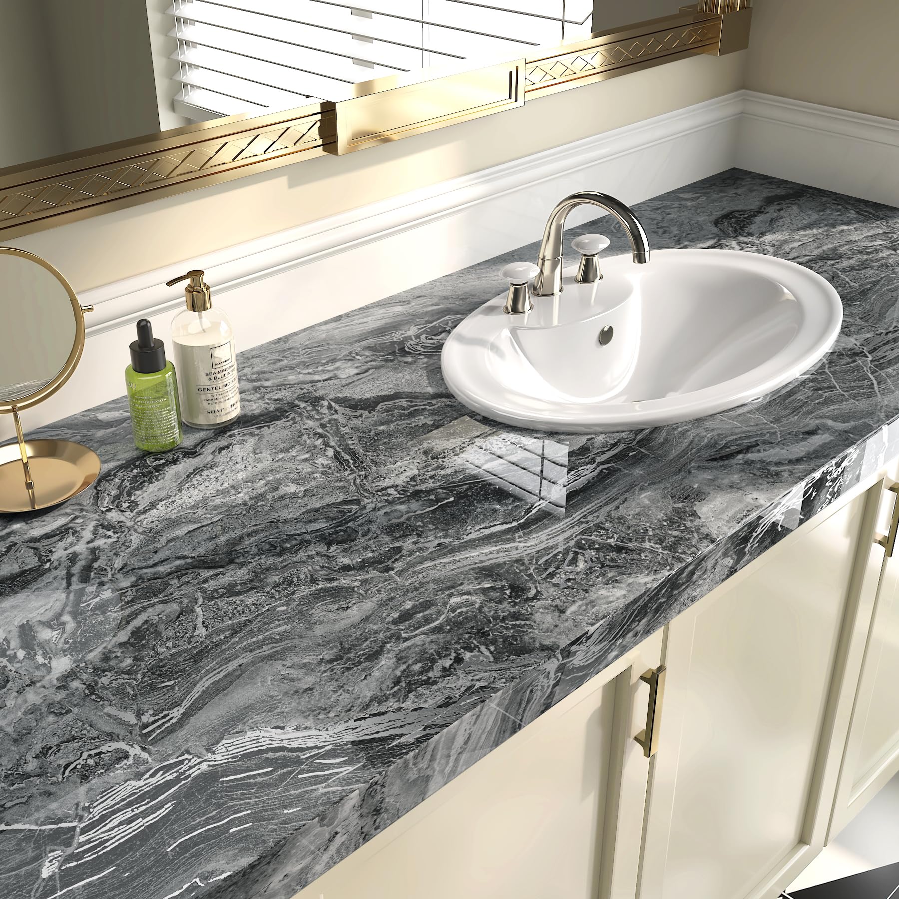 ReWallpaper 60CMx5M Carta da Parati Marmo Grigio Argento Lucido Pellicola Autoadesiva Mobili Cucina Bagno Rivestimento Tavolo Adesivo Marmo Grigio Carta Da Parati Moderna Camera Letto