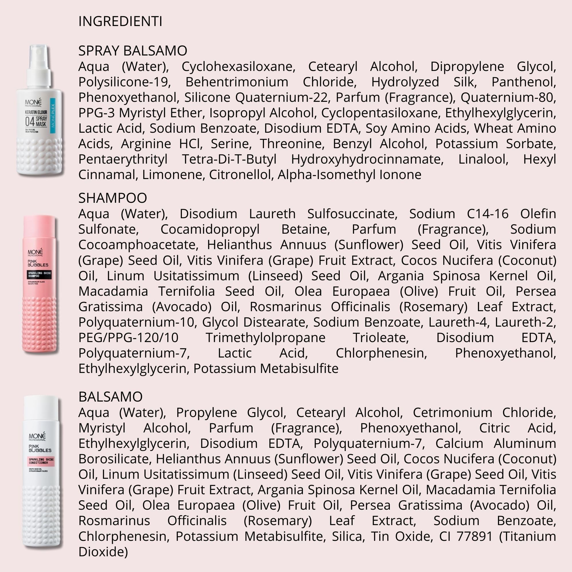 MONÉ Professional Sparkling Shine Shampoo + Dopo Shampoo + Spray per la cura senza risciacquo 10 in 1 con protezione termica fino a 220° (300ml, 300ml, 150ml)