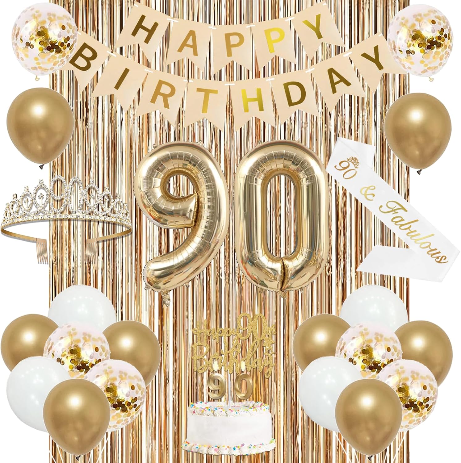 Trgowaul 90th Birthday Decorations for Women, Banner, Sash and Crown, Cake Topper, 90 Number Balloon, Fringe Curtains, Champagne Gold 90th Birthday Party Supplies