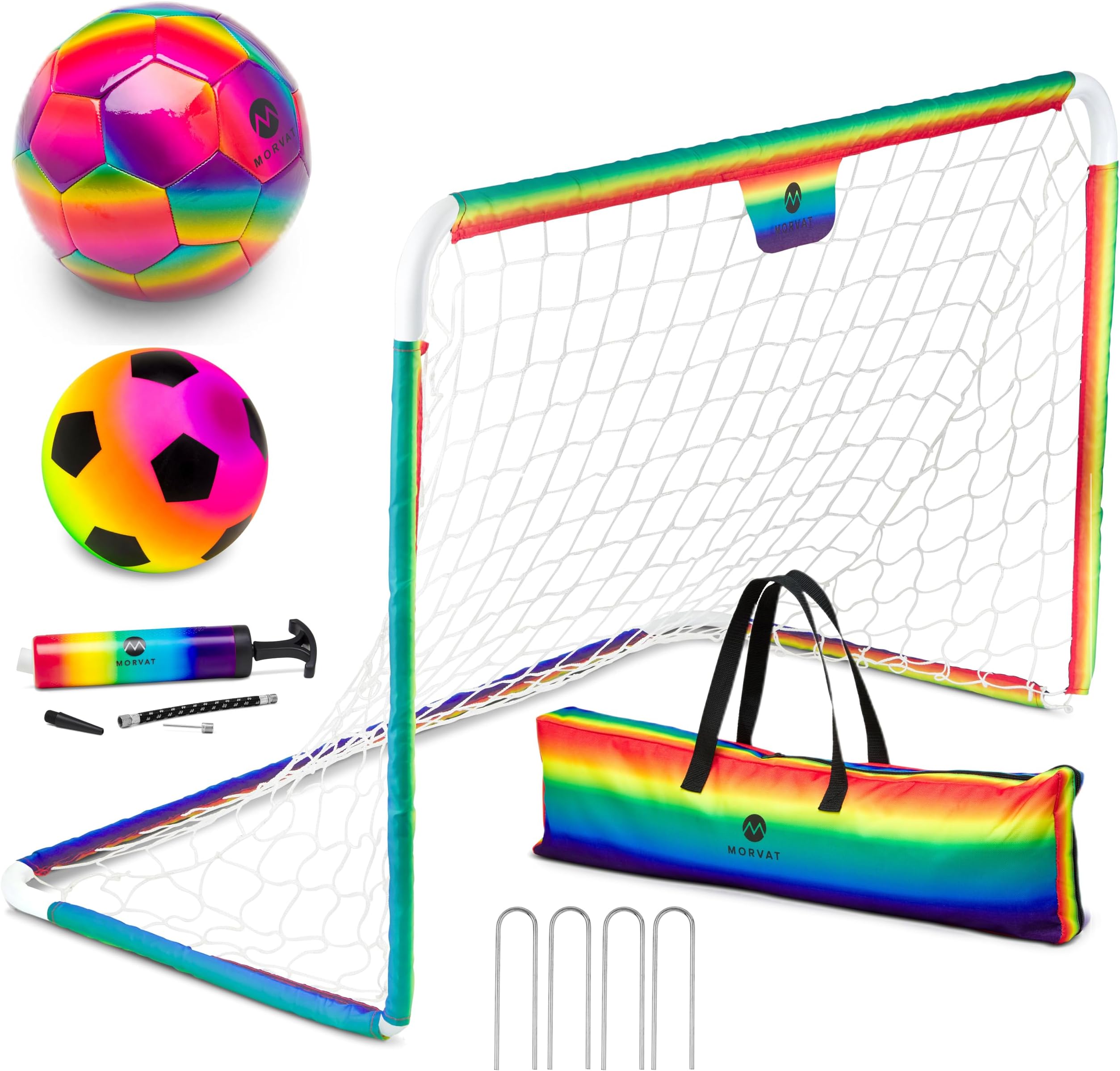 Morvat Kids Metal Poles Soccer Goal Set Portable Lightweight Training Equipment Backyard & Indoors Premium 48”x30” Net + 2 Size Soccer Balls + Ball Pump + Storage Bag, Rainbow
