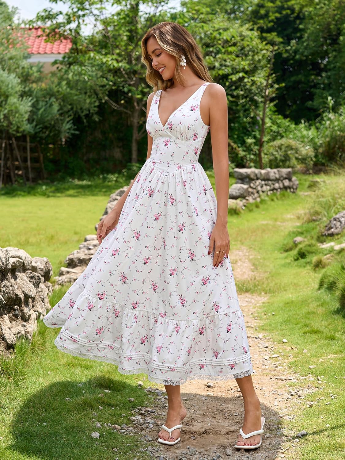 Floral Corset Midi Dress Casual V Neck Spring Summer Lace Flowy Sundress Wedding Guest Dresses for Women 2026 - Image 3
