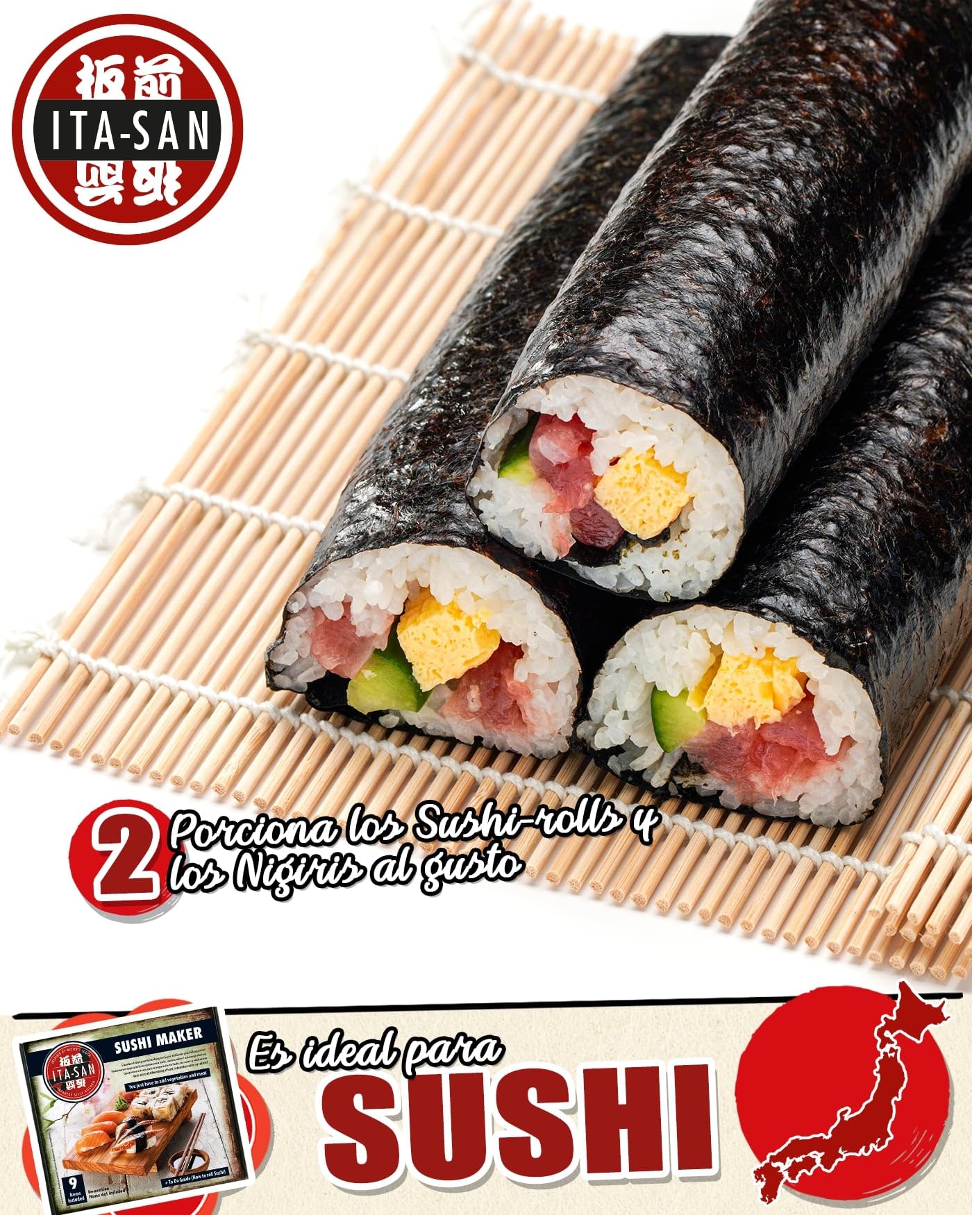 ITA-SAN Set de sushi, kit completo para hacer sushi de 9 piezas, ideal para probar o para regalar, para nigiri y sushi rolls, 1 unidad