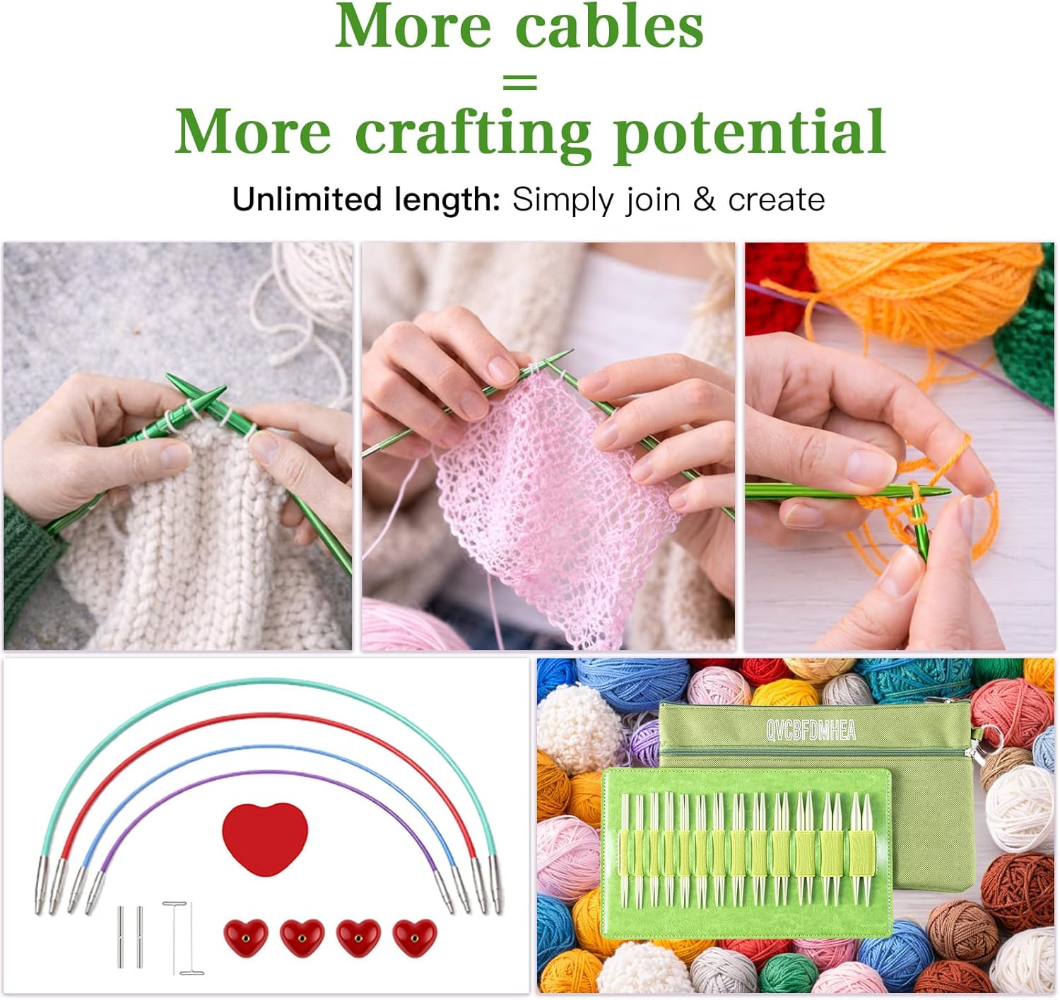 Persevere Interchangeable Knitting Needles Set, 13 Pairs Aluminum Tips 3-10 mm with 4 Cables & Case, Smooth Joints, for Beginner & Advanced Knitters, DIY Crafts, Green