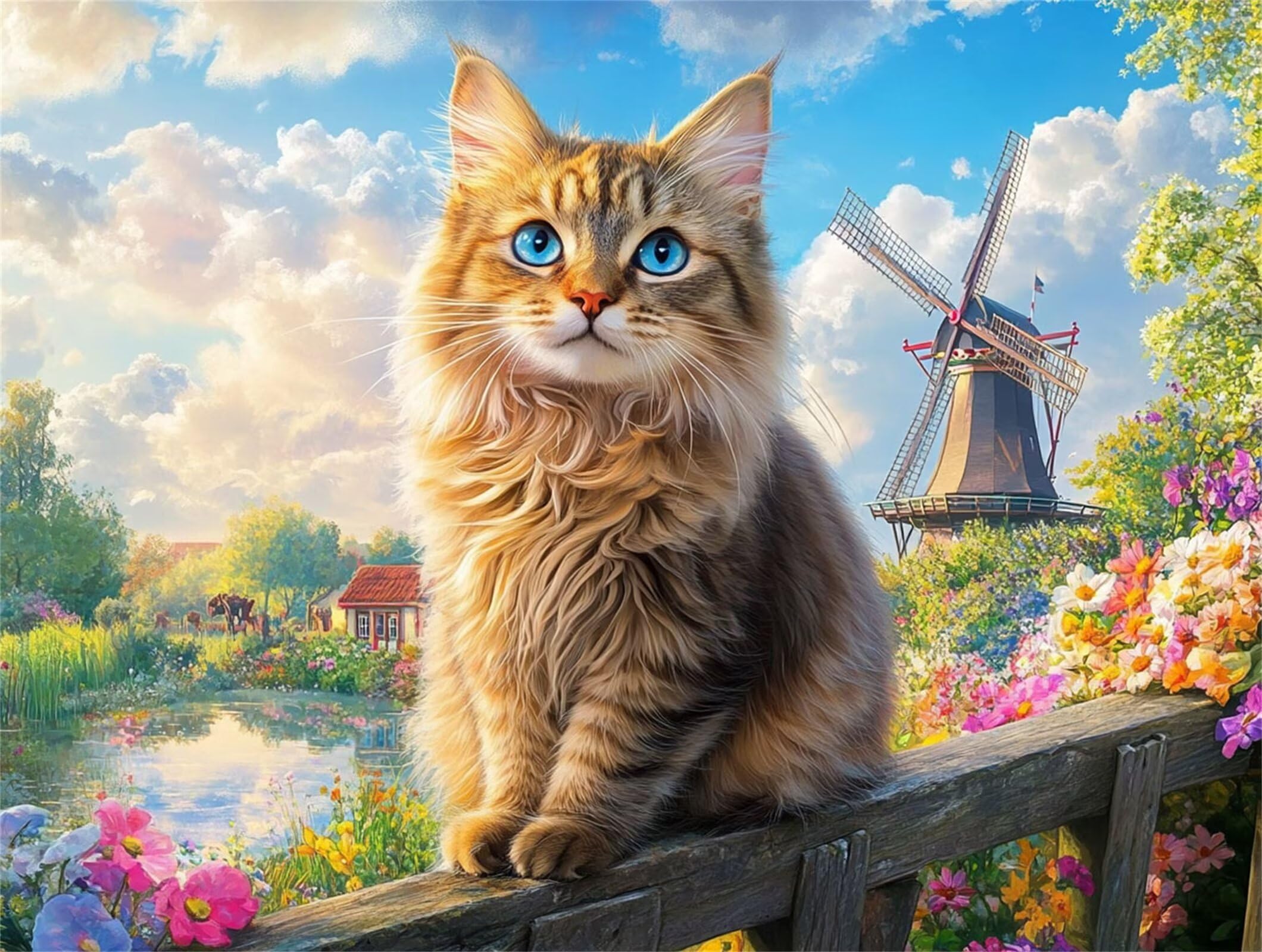 Peinture Numéros Adulte chat moulin à vent, Peinture Numero avec Pinceaux, Loisirs Créatifs Adultes, Design Moderne Esthétique, Décoration Murale pour Salon & Chambre Sans Châssis 50x70cm m5g-304