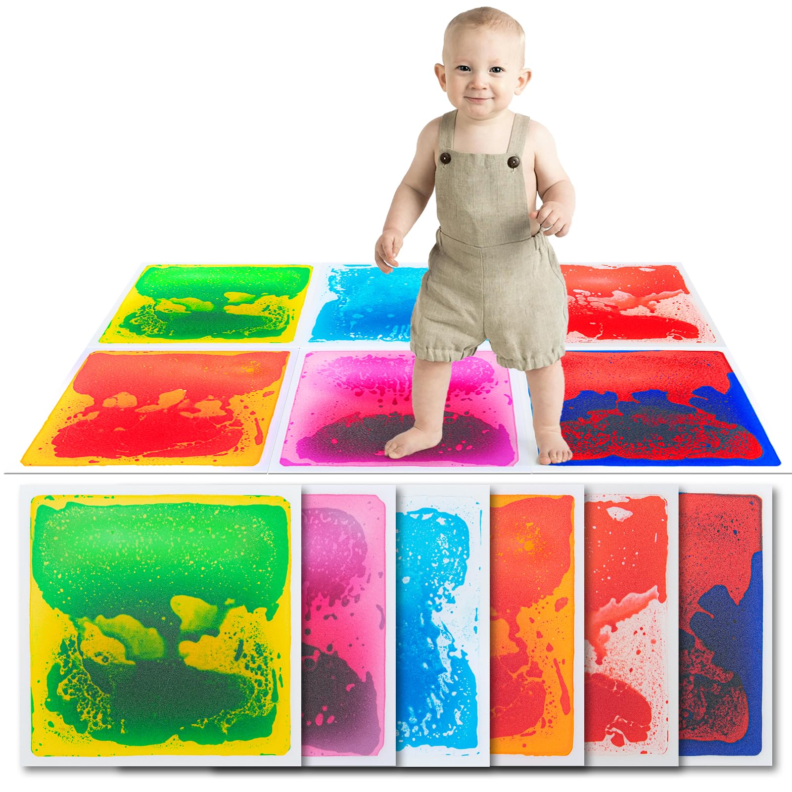 Art3d Colorful Liquid Sensory Floor Tiles for Children, Toddler, Teens, Playroom, Dance Floor for Decorative, 11.8"x11.8" Square, 6 Tiles