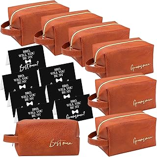 7 Sets Groomsmen Gifts Toiletry Bag for Men Wedding Proposal Gift for Best Man Pu Leather Cosmetic Bags with Zippers Shaving Bag Bowknot Sign Greeting Card for Wedding Toiletries Accessories
