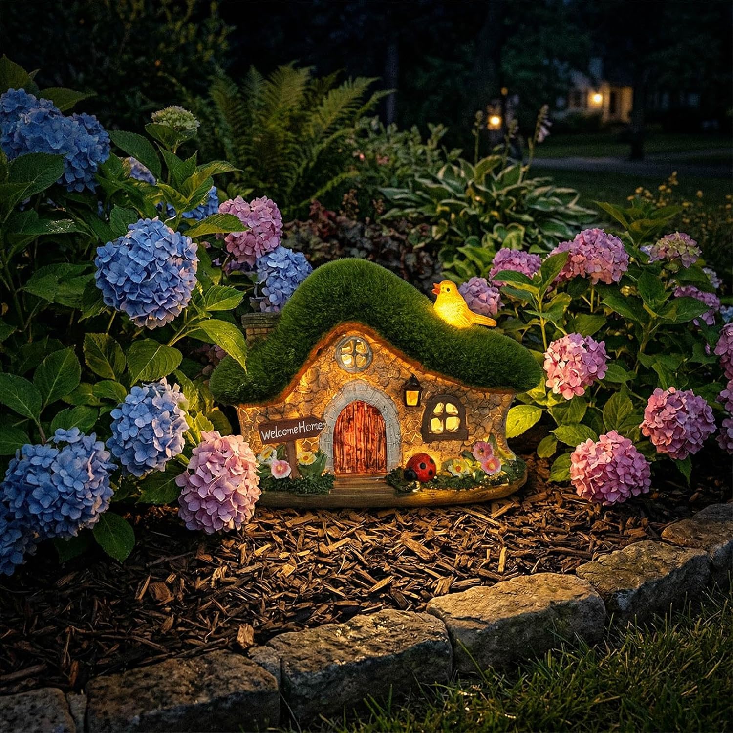 Resin Fairy House Statues with Solar Lights Outdoor for Garden Decor Funny Birds Ladybird Flocked Fairy House with Garden Figurine Patio Yard Lawn Decorations Gift for Mom Women (Green)