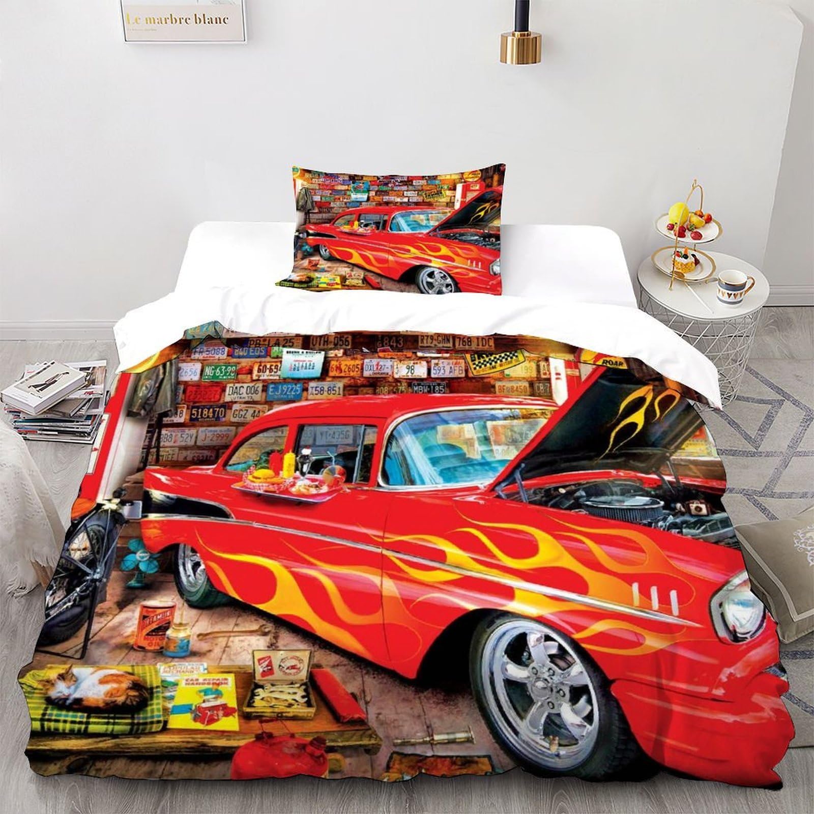 Housse de couette voiture sport rouge parure de lit microfibre premium à fermeture éclair